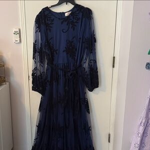 Midnight Blue Floral Sheer Maxi Dress with Belt